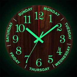 12 Inch Luminous Wall Clock Wood Silent light in dark night Nordic Fashion Wall Clock Non Ticking Clock With Night Light 210401