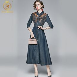 Women Autumn Vintage Denim Embroidery Long Dress High Quality Elegant Party Robe Femme Designer Runway Vestidos 210520