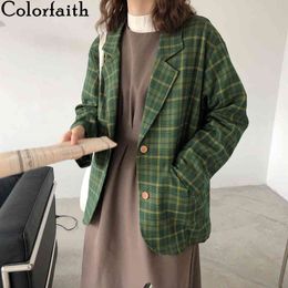 Colorfaith New Autumn Winter Women's Blazers Oversize Plaid Buttons Pockets Jackets Chequered Vintage Lady Wild Tops JK1189 210413
