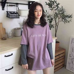 Women's Long-sleeved Shirt Spring Autumn O-neck Loose Letter Shirts Korean Two-piece Woman Wild Female Small Fresh Tops PL028 210506