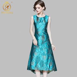 Women Spring Elegant Jacquard Dress Festa Female Designer Long Blue Party Asymmetry Dresses High Quality Vintage Vestido 210520