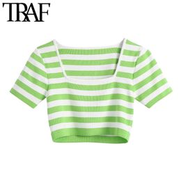 TRAF Women Sweet Fashion Striped Cropped Knitted Blouses Vintage Square Collar Short Sleeve Female Shirts Chic Tops 210415