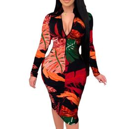 Women Sexy Deep V Neck Zipper Slim Party Dress New Spring Vintage Leaf Print Long Sleeve Package Hips Bodycon Dresses Femme 210412