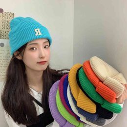 Autumn Winter Warmer For Girls Casual R Letter Woollen Hat Women Clothing Accessories Beanies Knitted Caps