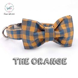 Dog Collar with Bow Tie Orange and Blue Plaid Cotton Adjustable Training Cat Necklace Leash Accessories 210712