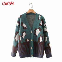 Tangada Women Elegant Green Leopard Cardigan Vintage Jumper Lady Fashion Oversized Knitted Cardigan Coat 3F31 211117