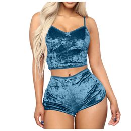 Women Sexy Plus Size Velvet 2 Pieces Romper Outfit Sleeveless Crop Top Camisole + Shorts Two Piece set Lingerie for Women A20 Q0706