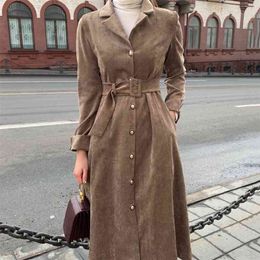 Korean Chic Autumn and Winter French Suit Collar Single-breasted Pleated Waist Corduroy Dress with Belt Women GX1326 210507