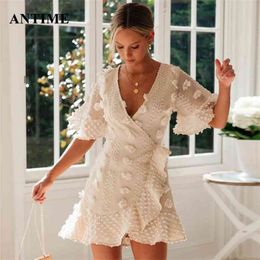 Anitme Summer Wrap Dress Party Short Sleeve Elegant V Neck High Waist White Club Women Casual Lace Mini Dresses 210331