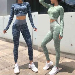 Women Skinny Yoga Sets Camouflage High Waist GYM Leggings Sport Shirts Fitness Running Sportsuit Tracksuit Sportwear 210802