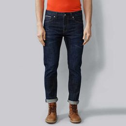 High Quality Retro Fashion Men Jeans Dark Blue Straight Slim Fit Redline Denim Pants Classical Designer Selvedge for