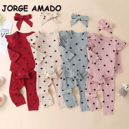 Spring Baby Pajamas 3-pcs Sets Knitting Waffle love heart Long Sleeves Bodysuit +pants with Headwear Clothes E003 210610