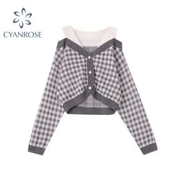 Autumn Vintage Plaid Cardigan Sweater Women Fake Two Piece Short Knitted V-neck Long Sleeve Woman Jumper Knitwear Crop Tops 210417