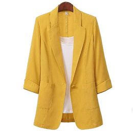Fashion-MISSKY Women Blazers Solid Color Summer Spring Coat Cotton Linen Medium Long Loose Suit Jacket Female Tops New