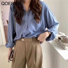 Vintage Turn Down Shirts Female Plain Casual Loose Korean Long Sleeve Blouses Women Plus Size Harajuku Chic Elegant Tops 210601