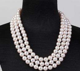 9-10mm South Sea Round White Pearl Necklace Beaded Necklace Choker 38inch 925 Silver Clasp