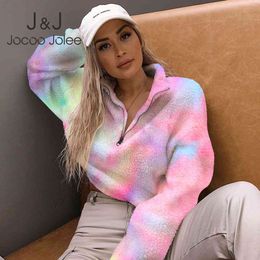 Jocoo Jolee Women Soft Plush Zipper Cropped Tops Multicolor Print Fur Warm Loose Flannel Hoodies Casual Tie dye Coats Outwear 210518
