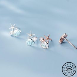 Stud 925 Sterling Silver Blue Seashell Starfish Shape Rose Gold Color Plated Ear Studs Earrings Cute Jewelry For Women