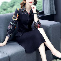 Casual Dresses Women's Autumn Dress Spring 2021 French Style Three Quarter Sleeve Patchwork Single Breasted High Waist Dark Blue