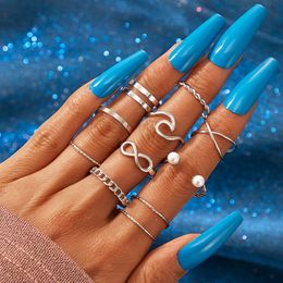 10pcs Minimalist thin Open Gold Band Rings Classic Pearl Wave Cross Style Finger Ring Jewellery Gift For Women