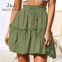 Jocoo Jolee Women Vintage Short Skirts Casual Boho Pleated A Line Skirt Ruffle Mini Skirt with Sashes Summer Holiday Beach Skirt 210401