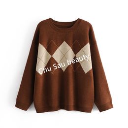 Y2K Autumn Winter Korean Argyle Thick Loose Oversized O-Neck Pullovers Knitted Sweaters Coat Tops Woman Jumpers Jersey Mujer 210514