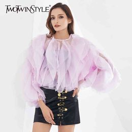 Elegant Solid Shirt For Women O Neck Long Sleeve Patchwork Ruffle Casual Blouse Female Autumn Fashion Clothing 210524