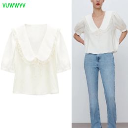 VUWWYV Fashion Beige Lace Crop Top Women Summer Chic Streetwear Ladies Tops Tunic Short Sleeve Front Bow Woman Blouse 210430