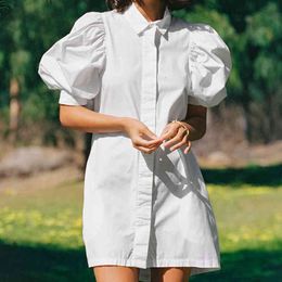 Women Casual Lantern Sleeve Mini Party Dress Short Sleeve Turn Down Collar White Colour Cotton Straight Dress Summer Dress 210412