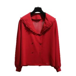 PERHAPS U Women Red Chiffon Blouse Top Sailor Collar Solid Long Sleeve Casual Lace B0280 210529