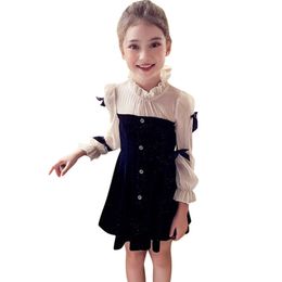 Big Girls Dress Long Sleeve For Girl Bow Kids Patchwork Clothing 6 8 10 12 14 210528