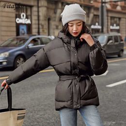 Fitaylor Winter Female Cotton Jacket Coat Elegant Women Button Belt Outwear Casual Thick Warm Hooded 211008