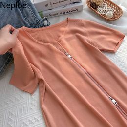 Neploe Chic Woman Tshirts Bias Tape Zipper Knitted Shirts O-neck Solid Colour Short Sleeve Tees Summer Fashion Slim Tops Mujer 210422