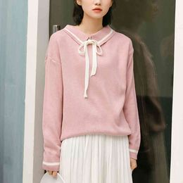 Pullover Bow Neck Loose Sweater Women Pullovers Oversize Knitting Elegant Casual Solid Minimalist Tops 666H 210420