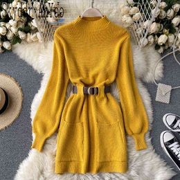 Long Sleeve Autumn Winter Knitted Woman Dress With Belt Slim Long Sleeve White Sweater Dresses For Women Vestidos Korean Dress G1214