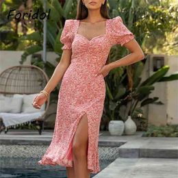 Backless Cutout Pink Summer Dress Women Floral Print Slit Boho Long Puff Sleeve Ruffle Sundress 210427