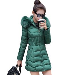 Fur Hooded Women Winter Down Jacket Cotton Slim Overcoat Elegant Casual Long Sleeve Big Coat Parka 211221