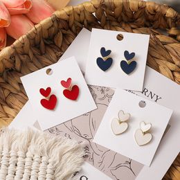 (Dangle & Chandelier Sweet Enamel White Navy Blue Red Heart Earrings for Women 2021 Gold Color Metal Double Layered Love Drop Earring Jewelry