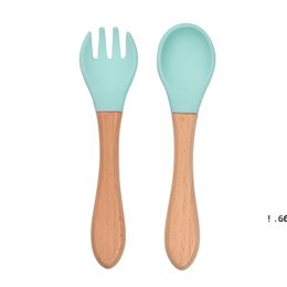 newBamboo Baby Spoon and Fork Set Soft Silicone Tip Baby Feeding Spoon Food Grade Silicone Training Spoon Toddler Cutlery EWE6082