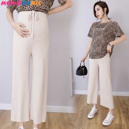 9/10 Length Thin Wide Leg Maternity Pants Elastic Waist Belly Trousers Clothes for Pregnant pant Women OL Formal Work Pregnancy 210713