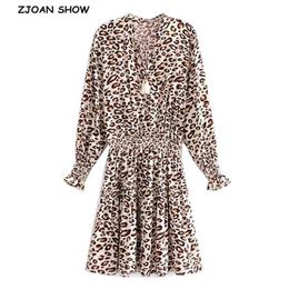 Bohemia Women Animal Leopard Print Long sleeve Dress BOHO Holiday V neck Tassel Bandage Elastic Waist Mini Short Dresses 210429