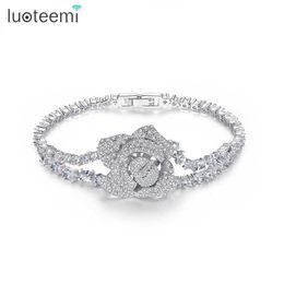 Luoteemi Luxury Big Rose Flower Chain Link Bracelet for Women Ladies Shining Aaa Cubic Zircon Crystal Jewellery Gift Bangles Q0720