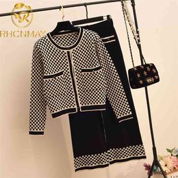 Autumn Suit Outfits for Women 2 Piece Set O-Neck Plaid Cardigan Wide Leg Pants Fashion Knitted Two Piece Set Ropa Mujer 210925