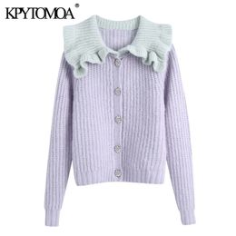 Women Fashion Bejewelled Buttons Patchwork Ruffled Cardigan Sweater Long Sleeve Female Outerwear Chic Tops 210420