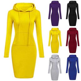 Autumn Winter Warm Sweatshirt Long-sleeved Dress Woman Clothing Hooded Collar Pocket Simple Casual lady Dress Vesdies Sweatshirt Y1006