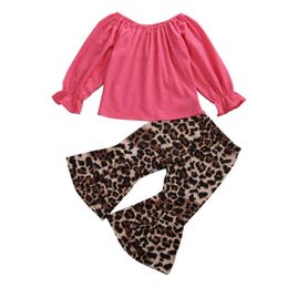 Pudcoco USPS Fast Shipping Toddler Baby Girls Off Shoulder Clothes Long Sleeve Topst Leopard Flared Pants G220217