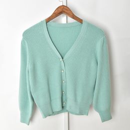 2021 Autumn Fall Long Puff Sleeves V Neckline Green Cardigan French Style Solid Colour Knitted Pearl Buttons Single-Breasted Short Sweaters G121071