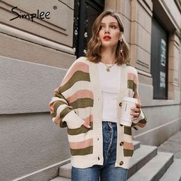 Casual v-neck women knitted sweaters Lantern sleeve single-breasted female cardigan Office lady stripe loose sweater 210414