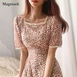 Elegant Square Collar Short Sleeve Dress Women Summer Lace Print Floral Vintage Korean Plus Size es Vestidos 14391 210512