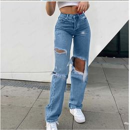 Straight high waist fashion casual retro jeans women style ripped holes are thin Y2K street trend 's pants 211129